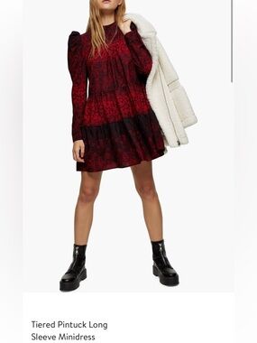 Topshop Red and Black Tiered Pintuck Long Sleeve Minidress